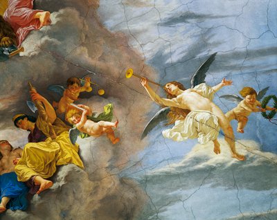 チェーザレ・マリアーニ（1826-1901）によるフレスコ画「イタリアの寓意」の詳細、ローマの大蔵省宮殿のホールの天井。イタリア 作： Cesare Mariani