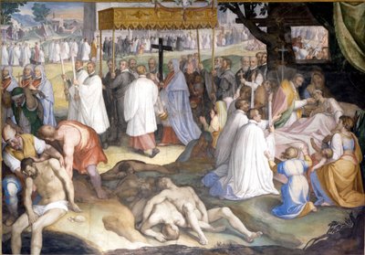 聖チャールズ・ボッロメオ サン・カルロ・ボッロメオは、1575年から1577年にかけてのペストの際に、ミラノのラザレで瀕死のペスト患者たちと交わりました。パヴィア（ミラノ）のボッロメオ大学にあるシャルル・ネッビアによるフレスコ画。 作： Cesare Nebbia