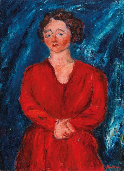 青い背景に赤い服を着た女性、1928年頃。 作： Chaim Soutine