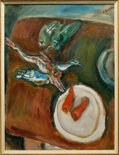 魚とピーマンとニンジンの静物画 1918年頃 キャンバスに描かれた絵 作： Chaim Soutine