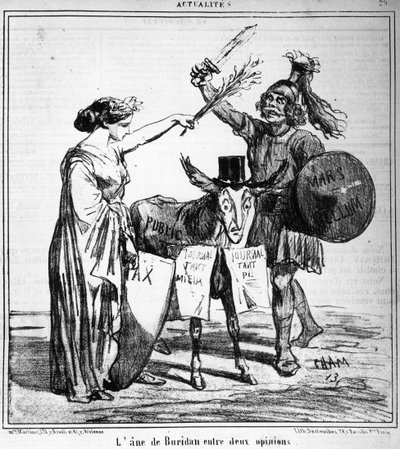 2つの意見の間にあるブリダンのロバ - 1859年04月29日の "Charivari "に掲載されたChamによるもの。 作： Amédée de Noé