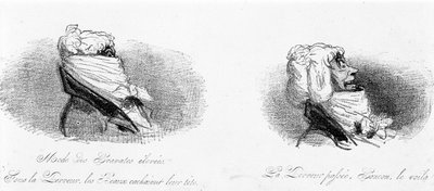 フランス革命当時のブルジョワを風刺的に描いた作品。「恐怖政治の下、美しい人々は頭を隠していました...。過去のテロ...おい、あいつだ！」。シャムの「モードの拷問」にて 作： Amédée de Noé