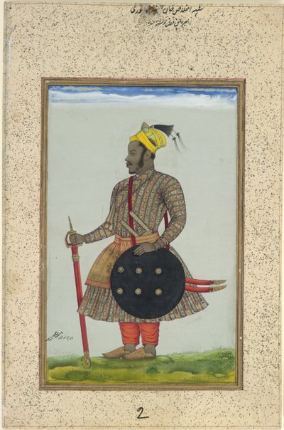 「アディル・シャヒ王朝」に仕えるアビシニアの将校、イクラス・カーン、1640年頃（紙に金のガッシュ） 作： Chand Muhammad