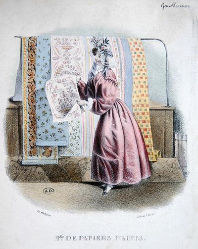 壁紙販売者、1840年頃（カラーリトグラフ） 作： Charles (after) Philipon