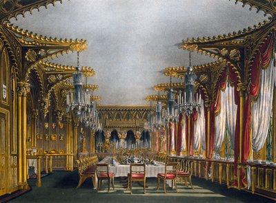 ゴシック様式のダイニングルーム、トーマス・サザーランド（1785-1838）によるエングレーヴィング、チャールズ・ワイルド（1781-1835）のデザインに基づく、『王室邸宅の歴史』より 作： Charles (after) Wild