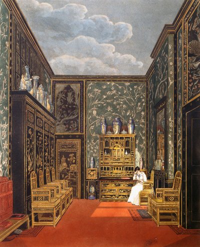 緑の引き出し部屋、ウィリアム・ジェームズ・ベネット（1787-1844）によるエングレーヴィング、チャールズ・ワイルド（1781-1835）のデザインに基づく、『王宮の歴史』より 作： Charles (after) Wild