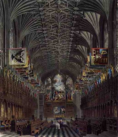 ウィンザー城の聖ジョージ礼拝堂の聖歌隊（「Royal Residences」より）Thomas Sutherland (b.1785)の彫刻、William Henry Pyne (1769-1843)の出版。 作： Charles (after) Wild