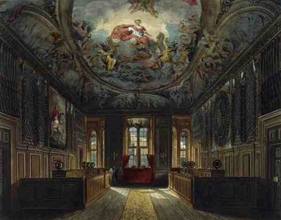 ウィンザー城の女王の衛兵室、Thomas Sutherland (b.1785)の彫刻、William Henry Pyne (1769-1843)の出版による「Royal Residences」より。 作： Charles (after) Wild