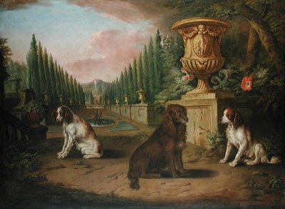 正式な庭園にいる3匹のスパニエル、1730年頃（油彩・キャンバス） 作： Charles (and Studio) Collins