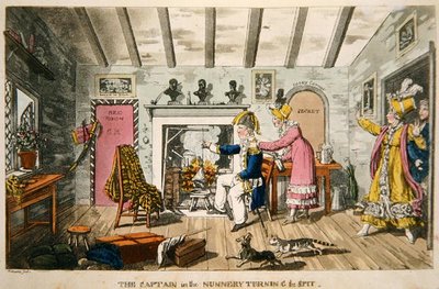 ジョン・ミットフォード（1782-1831）の『海軍におけるジョニー・ニューカムの冒険』から「串を回す尼僧院の大尉」のプレート（カラー・アクアチント） 作： Charles (c.1797 1850) (after) Williams