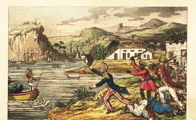 ジャマイカで怒ったマサ族の農園主とクアシー族の奴隷から逃れるイギリス海軍士官 作： Charles (c.1797 1850) (after) Williams