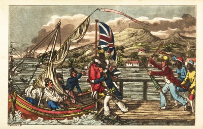 バルバドス桟橋で奴隷の女性を誘拐したイギリス海軍の将校が、彼女の所有者である夫とプランテーションの労働者に追われる。 作： Charles (c.1797 1850) (after) Williams