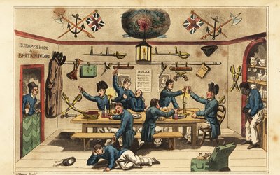 ジョニー・ニューカムが中堅将校の食堂で仲間にラム酒を持ってくる 作： Charles (c.1797 1850) (after) Williams
