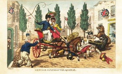ニューカム中尉はゴスポートで提督の二頭立ての馬車にギグをぶつけた。 作： Charles (c.1797 1850) (after) Williams