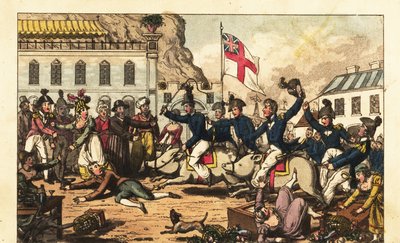 ジブラルタルの市場で鞍をつけた豚に乗る英国海軍士官たち 作： Charles (c.1797 1850) (after) Williams
