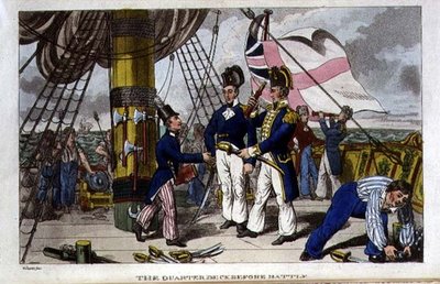 ジョン・ミットフォード（1782-1831）の「海軍におけるジョニー・ニューカムの冒険」から、戦闘前のクォーターデッキ（1818年）のプレート（リトグラフ）。 作： Charles (c.1797 1850) (after) Williams
