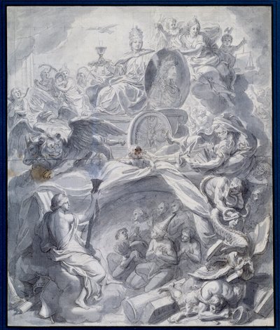 アレゴリー。シャルル・ルブラン（Le Brun）（1619-1690）の工房で描かれたガッシュとウォッシュによる「ヘレシーの勝利の教会、あるいは宗教の勝利」 17世紀 パリ、ルーヴル美術館蔵 作： Charles (studio of ) Le Brun