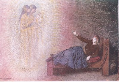 ジャンヌの独房で、ジョージ・ハラップ社発行の「ジャンヌ・ダルクの物語」より 作： Charles A. Buchel