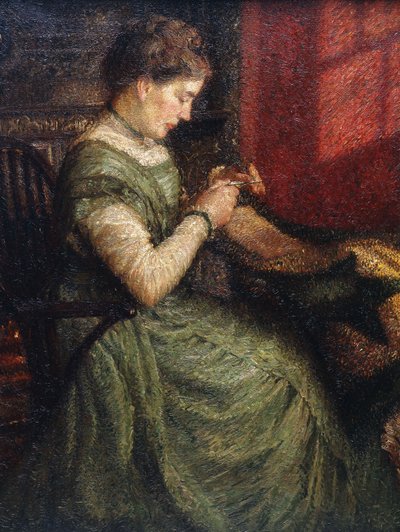 肘掛け椅子の縫製に座っている女性の肖像画 作： Charles A. Sheehan