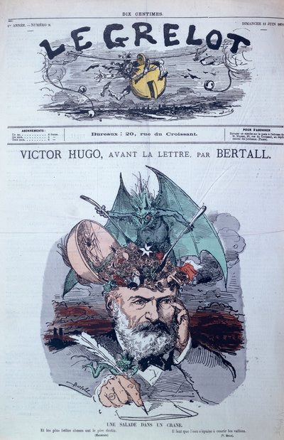 1871年6月の「Le Grelot」の表紙からのヴィクトルユーゴー（1802-85）の風刺画「ブレインサラダ」 作： Charles Albert d Arnoux Bertall