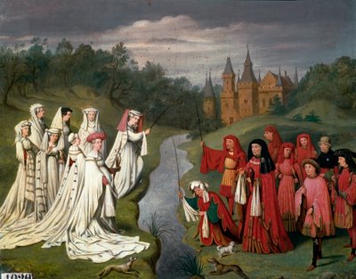 フィリップ・ザ・ハーディからシャルル・テメレールまでのブルゴーニュ家の9人の王子と8人の王女が、城の公園で鷹狩りや釣りをしている様子 ヤン・ファン・エイクの後にシャルル・アレクサンドル（Charles-Alexandre）・ドゥバック（1804-1850）が描いた作品。 作： Charles Alexandre Debacq