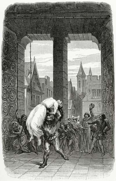 カジモド、エスメラルダを処刑から救う-19世紀のノートルダムドパリのイラスト（bw彫刻） 作： Charles Alexandre Lesueur
