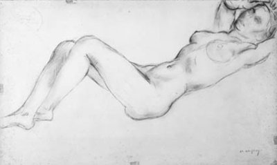 腕を頭の上に置いて横になっている女性モデル 作： Charles Alexandre Malfray