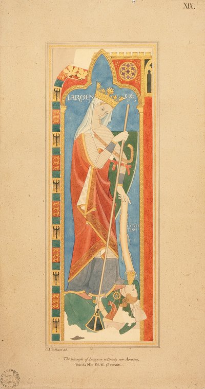 The Virtues Largesce and Debonerete (Largesce) 1819 (紙に浮き上がった金箔のディテールが施された水彩画) 作： Charles Alfred Stothard