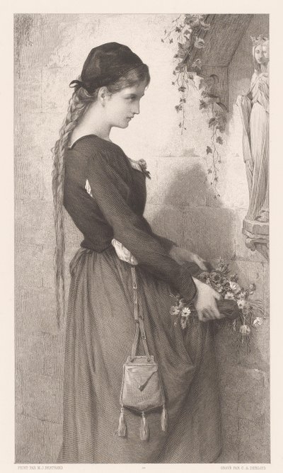 若い女性がマリア像のあるニッチに花をもたらす マルグリット (オブジェクトのタイトル) 作： Charles Alphonse Deblois