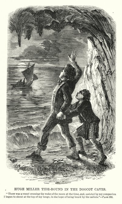 ヒュー・ミラーがドゥーコットの洞窟で潮干狩りをしている様子（版画 作： Charles Altamont Doyle