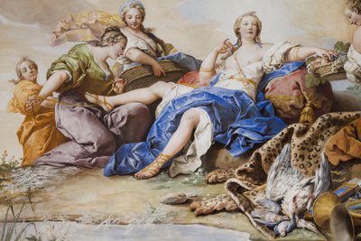 ニンフの間のダイアナの残り、Charles-Andre van Loo（1705-1765）作、フレスコ画、寝室のアーチ型天井、女王のアパート、狩猟住居、Filippo Juvarra（1678-1736）作、Stupinigi、ピエモンテ、イタリア 作： Charles André van Loo