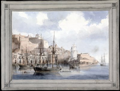Vue de Malte (View at Malta) (サンタンジェロ要塞のあるヴァレッタの偉大な港) - チャールズ・アンドリュー・ダイス (1816-1853) 作、紙に水彩 (25.1 x 34.9 cm)、1849年頃 - イェール大学 (アメリカ) 作： Charles Andrew Dyce