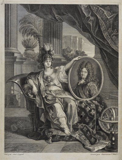ルイ14世（1638-1715）、フランス王、科学の保護者 - 1703年の「王立科学アカデミーの歴史」に掲載されたアントワーヌ・コイペルの彫刻作品 作： Charles Antoine (after) Coypel