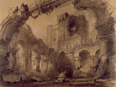 遺跡、1865年、パリのシャトレ、リリケ劇場でのジュゼッペヴェルディ（1813-1901）による「マクベス」のパフォーマンスの風景デザイン（紙に木炭と白いチョーク） 作： Charles Antoine Cambon