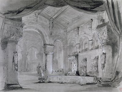 シャトレ、1865年に劇場リリケで演じられたジュゼッペヴェルディ（1813-1901）によるオペラ「マクベス」のパフォーマンスのための宮殿内部のセットデザイン（木炭と紙に白いチョーク） 作： Charles Antoine Cambon