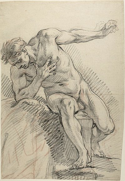 Sketch of a Male Nude Leaning on Right Elbow (recto)   1277995   ja       japanese Successfully Translated  Original: Lescadron hollandais sur la cote ouest africaine (The dutch Squadron at the west african coast). Peinture de Willem van de Velde le jeune  作： Charles Antoine Coypel