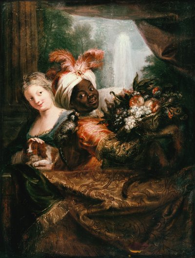 果物のバスケットと犬をなでる少女を抱いた若い黒人男性 作： Charles Antoine Coypel