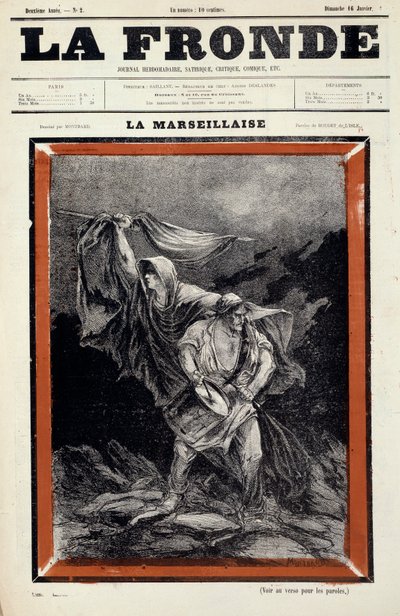 新聞「la sling」に掲載された「La marseillaise」のデッサン。シャルル・オーギュスト・ディ・モンバルド・ロワイエ（1841-1905）のエングレーヴィング 作： Charles Auguste Loye