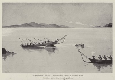 ビクトリアニャンザでは、カバが射撃パーティーを攻撃します 作： Charles Auguste Loye