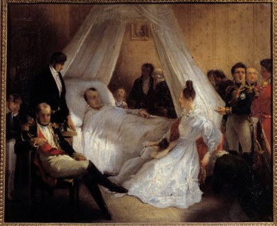 皇帝ナポレオン1世（1769-1821）の死に際 1821年5月5日 サン・ヘレネ島にて シャルル・アウグストゥス・スチューベン（1788-1856）の手による絵画 1821年 日。0,37x0,45 m イル・デ・ゼー、ナポレオン博物館 作： Charles Auguste Steuben