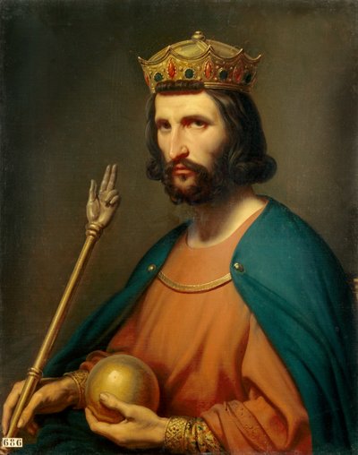 ユーグ・カペ（941-996）の肖像 987年のフランス王 手には権力の象徴である地球儀と杖を持っている。シャルル・ド・スチューベン（1788-1856）による絵画 19世紀 日0,91x0,74 m - 987年のフランス王ユーグ・カペ（941-996）の肖像。彼は 作： Charles Auguste Steuben