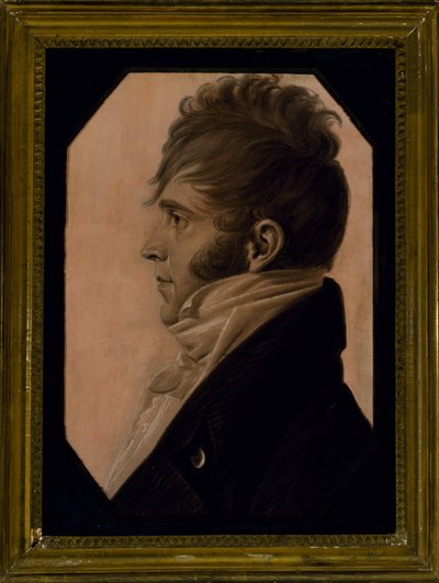 男の肖像、c。 1804（ピンクの紙に白で強調された黒いチョーク） 作： Charles Balthazar Julien Févret de Saint Mémin