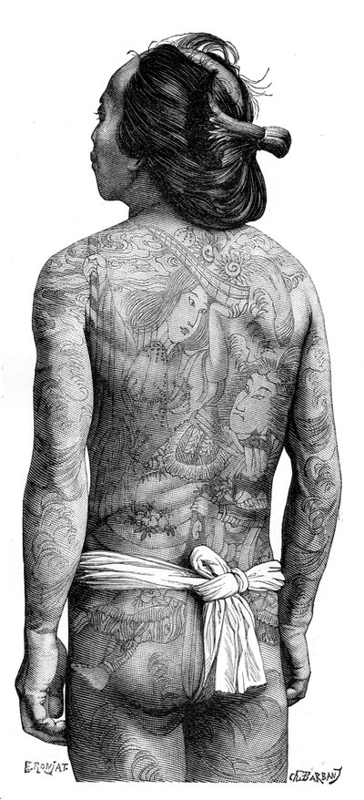 1895年、背中に刺青のある日本人男性。 作： Charles Barbant