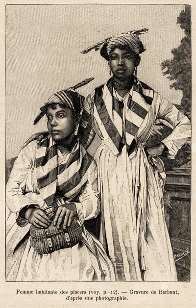 鉱床に住む女性たち。バルバントによる "chez nos indiens, quatre annees de voyage dans la Guiane francaise "の物語を示すエングレーヴィング 作： Charles Barbant