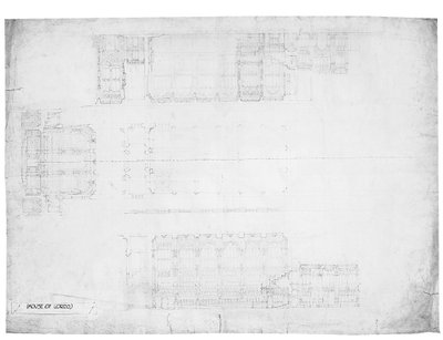貴族院の東、西、北の立面図の設計、1842年頃（紙に鉛筆） 作： Charles Barry
