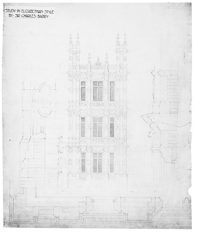 「エリザベス朝様式の研究」、国会議事堂のためのドローイング、c.1836-40（紙にペンとインク） 作： Charles Barry
