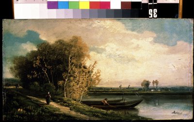 「La berge」（海岸） 漁師と農民の女性がいる川辺の風景。 Charles Barthelemy Jean Durupt (1804-1838) による絵画 19 世紀 Mikhail Kroshitsky Art Museum、セヴァストポリ (セヴァストポリ) ウクライナ 作： Charles Barthelemy Durupt