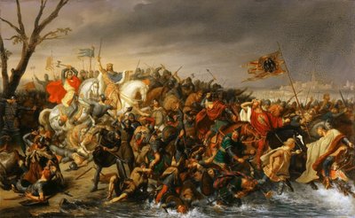 フランスのロテールは、978 年 10 月、エーヌ川のほとりで皇帝オットー 2 世を打ち負かしました。 作： Charles Barthelemy Jean Durupt