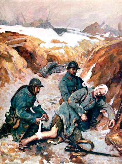 赤十字社の看護師が負傷した兵士に服を着せる 作： Charles Baude