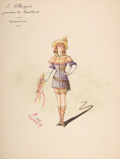 オーボエを演奏する 4 人の村人の衣装デザイン [a]、衣装の説明シート... 作： Charles Bianchini